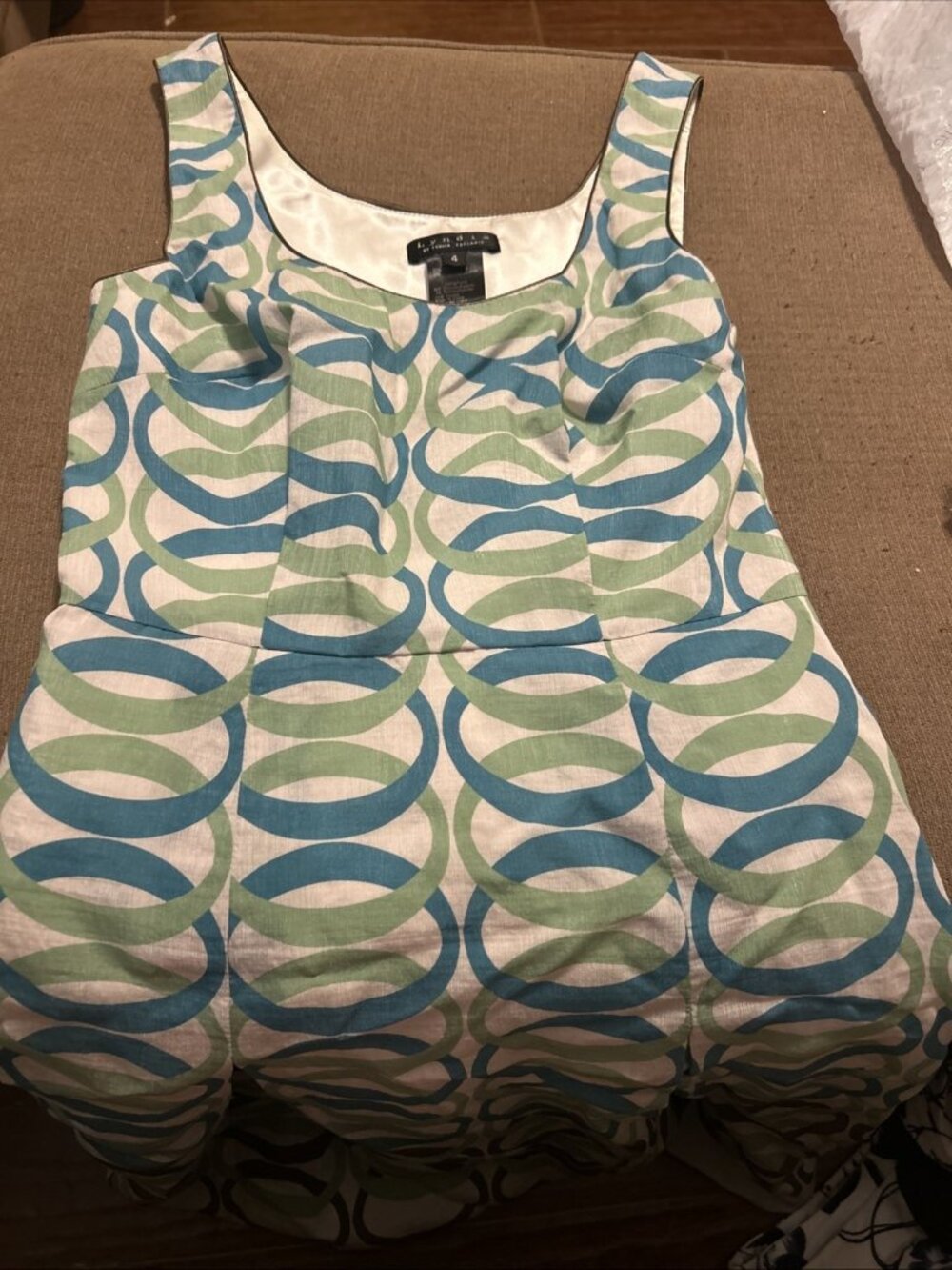 Lyndia Procanik Vintage Geometric Lined Dress Sz 4 Green Teal Beige Midi